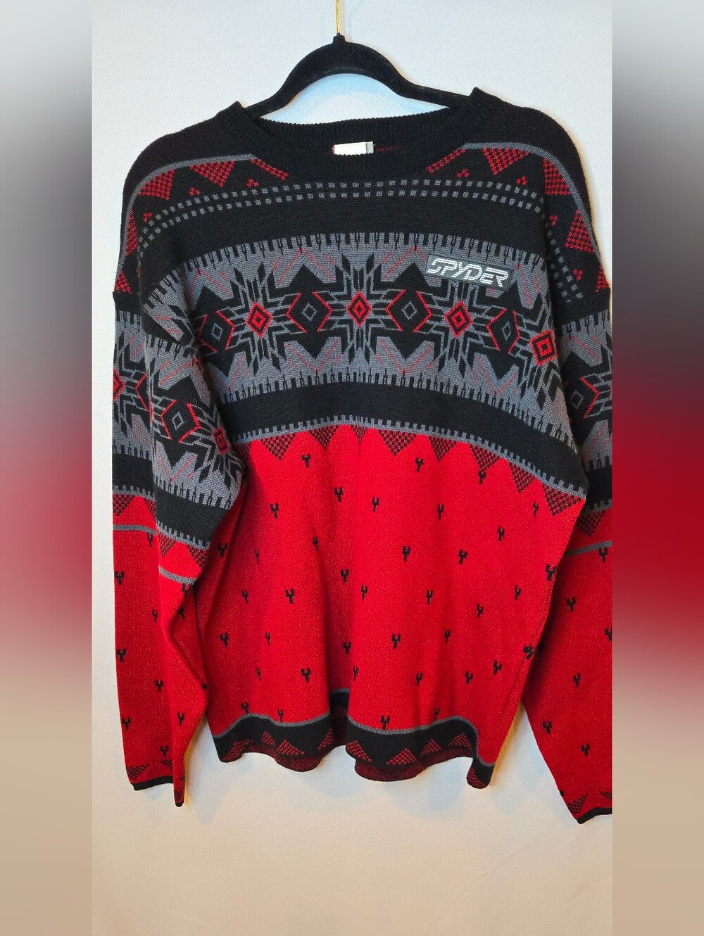 Vintage Spyder Red Black Gray Wool Nordic Geometric Crewneck Ski Sweater Mens M